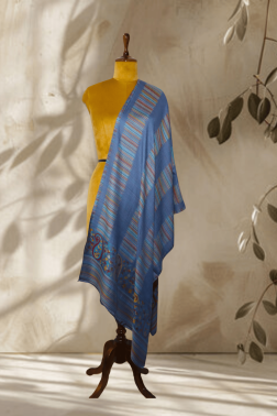 Blue Silk Stripe Jama Stole with Paisley Border
