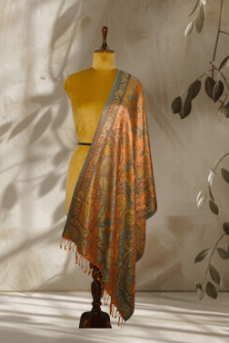 Copper Orange Pure Silk Paisley Jamawar Stole