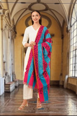 Striped Blue & Pink Pashmina Shawl with Woven Motifs