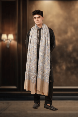 Grey & Gold Overall Jamawar Pure Pashmina Shawl with Paper Machie Embroidery Design