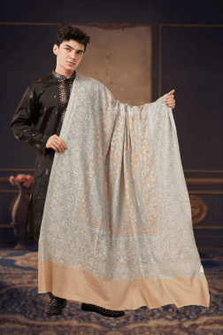Grey & Beige Sozni Jama Embroidered Pure Pashmina Shawl with Silk Thread for Men