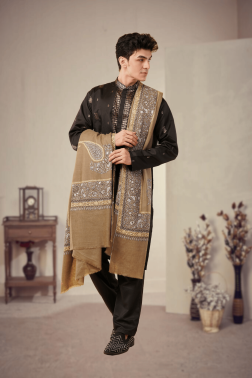 Golden Beige Reversible Sozni Embroidered Pure Pashmina Shawl for Men